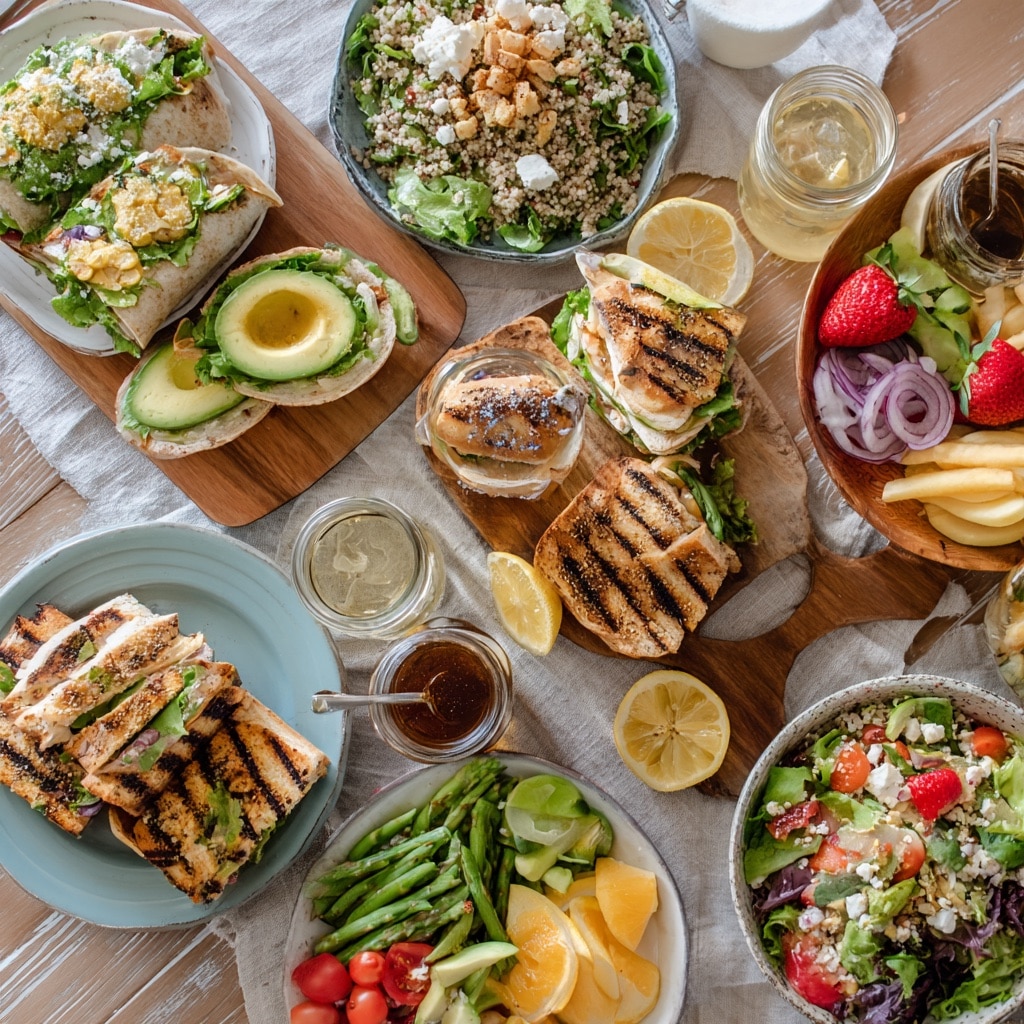 Variety of healthy lunch meals served on a light wooden table