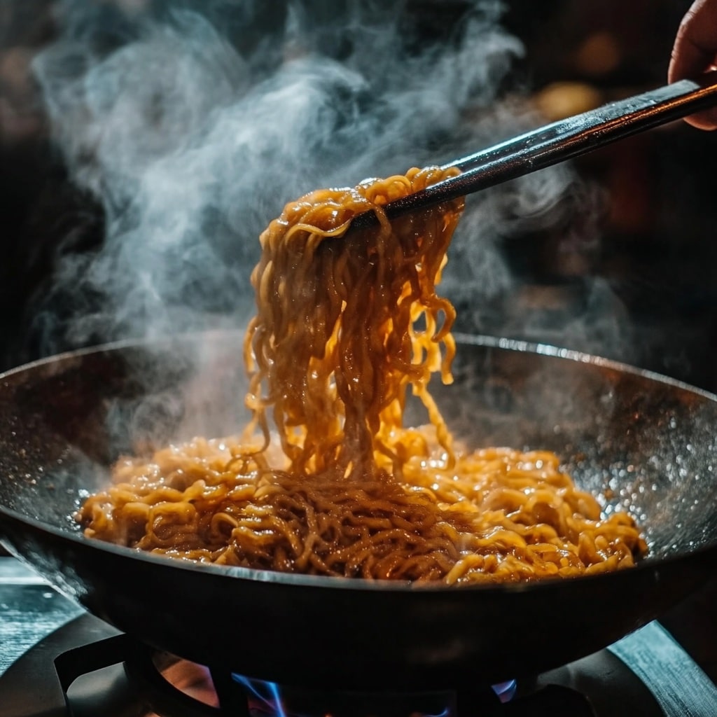 Phat Si-Io Recipes: My Family’s Secret to Bold, Comforting Thai Noodles 7 stir-frying phat si-io noodles in hot wok
