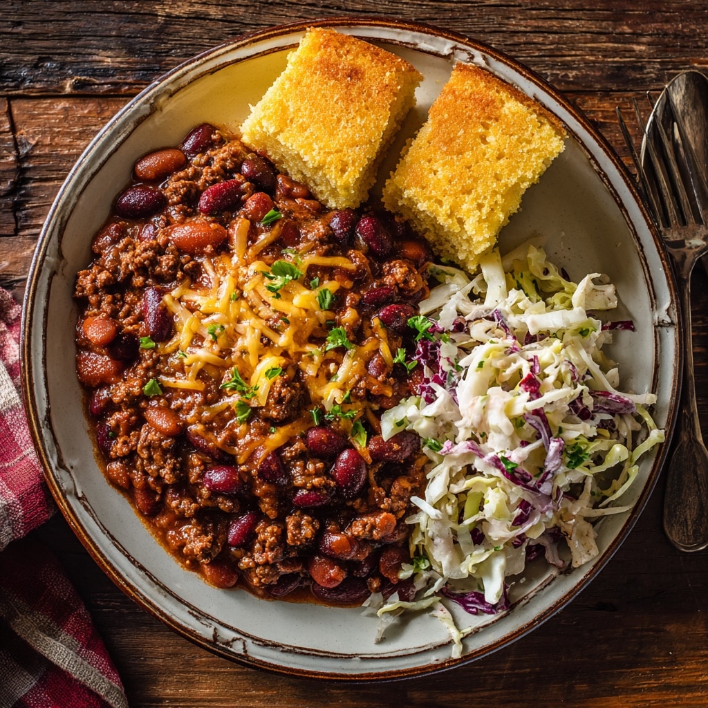 Baked Beans Recipe with Ground Beef (Easy, Hearty & Flavor-Packed) 11 Serving plate with baked beans and cornbread