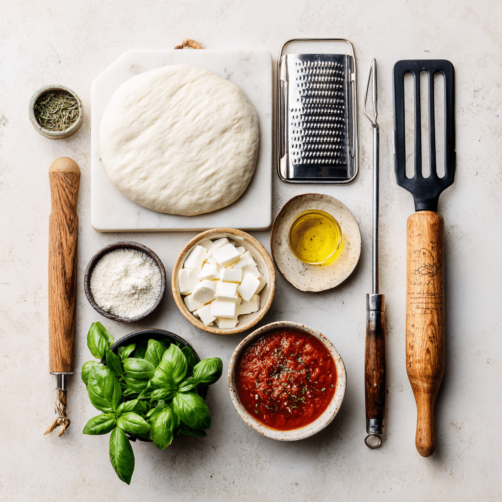 Ingredients for pizza on BBQ grill with stone