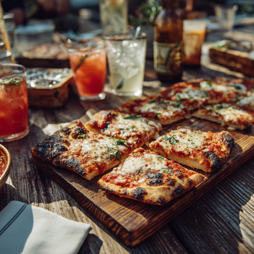 Sliced pizza on BBQ grill with stone crust