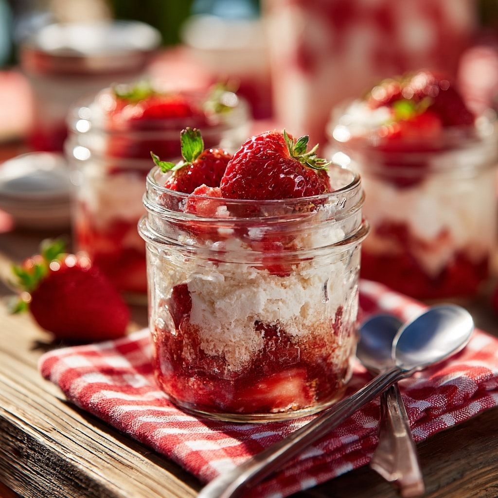 Strawberry Angel Cake Dessert Recipe : Light, Creamy & Perfect for Summer 2025 8 Mason jar portions of strawberry angel cake dessert