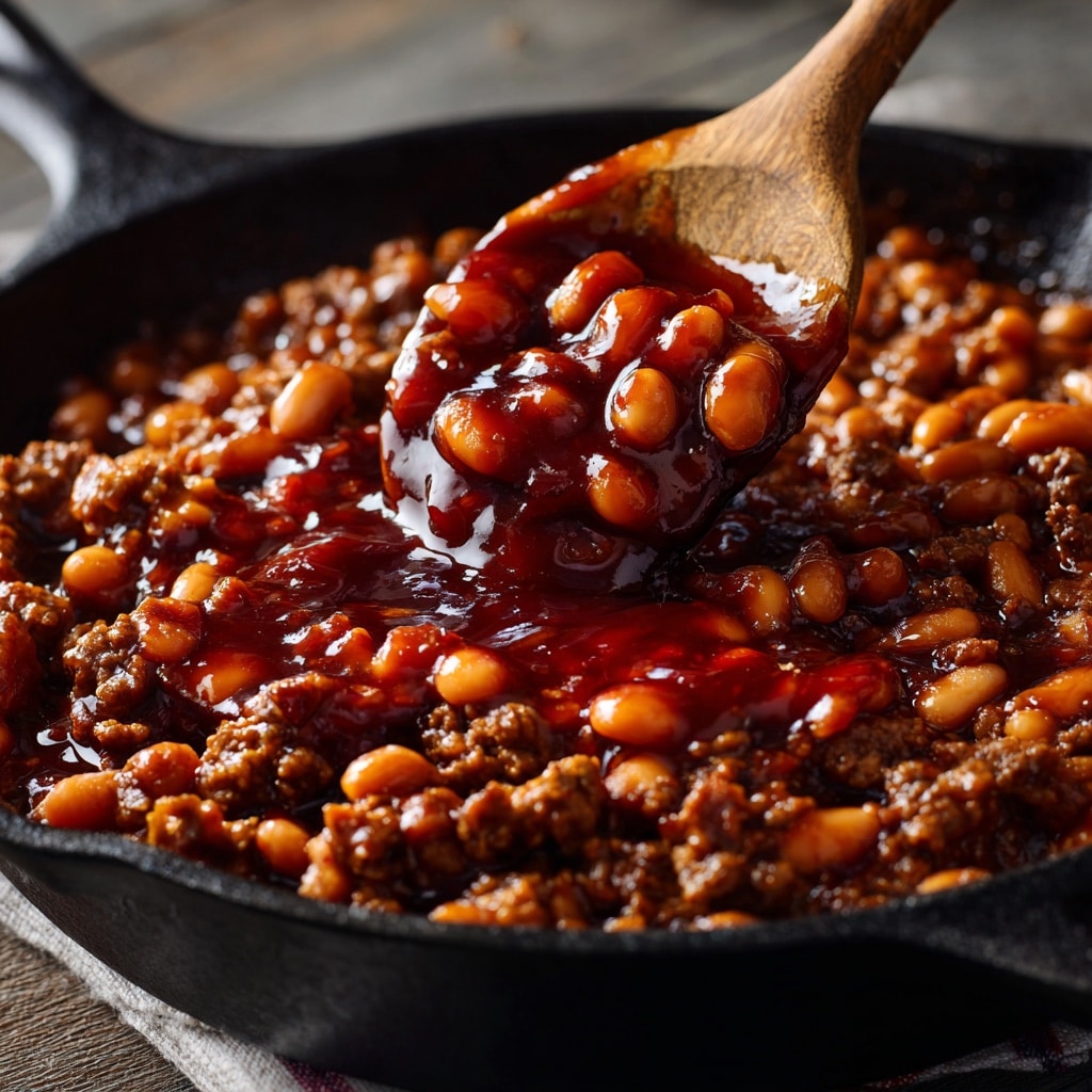 Baked Beans Recipe with Ground Beef (Easy, Hearty & Flavor-Packed) 10 Mixing beef and beans in skillet, baked beans recipe with ground beef