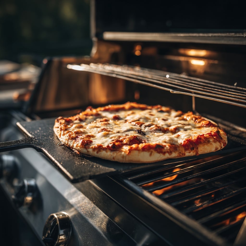 Transferring pizza to hot BBQ stone