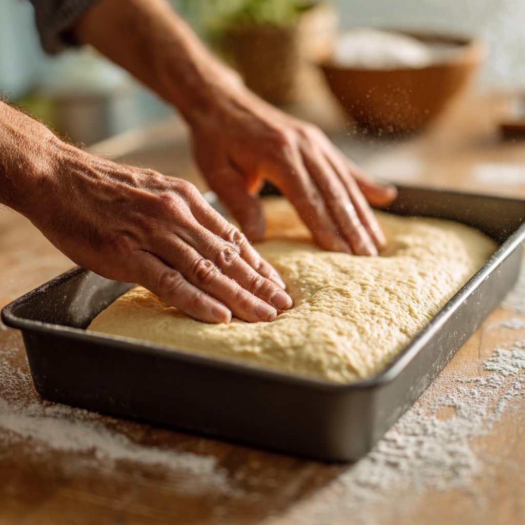 Sicilian Pizza Dough Recipe: The Simple Secret to a Crust You’ll Crave 8 Stretching Sicilian pizza dough in baking sheet