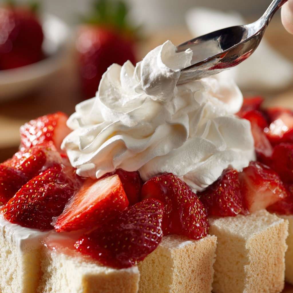 Strawberry Angel Cake Dessert Recipe : Light, Creamy & Perfect for Summer 2025 7 Spoon adding whipped cream over angel cake and strawberries